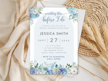 Something Blue Before I Do Dusty Blue Flower Arch Bridal Shower Personalised Invitations and Thank You Cards  from £4.45