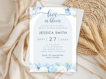 Love In Bloom Blue Hydrangea Arch Bridal Shower Personalised Invitations and Thank You Cards  from £4.45
