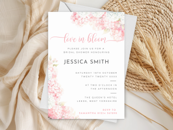 Love In Bloom Pink Hydrangea Bridal Shower Personalised Invitations and Thank You Cards  from £4.45