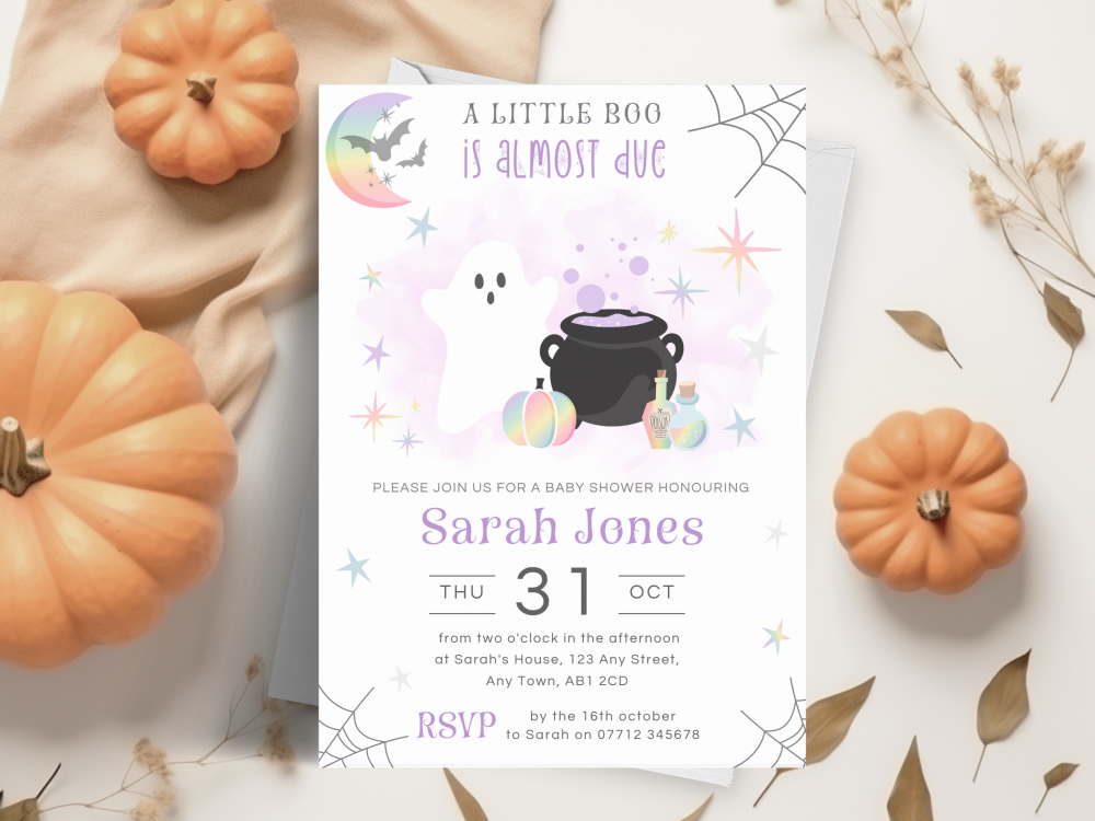 A Little Boo Is On The Way - Purple Baby Shower Personalised Invitations and Thank You Cards  from £4.45