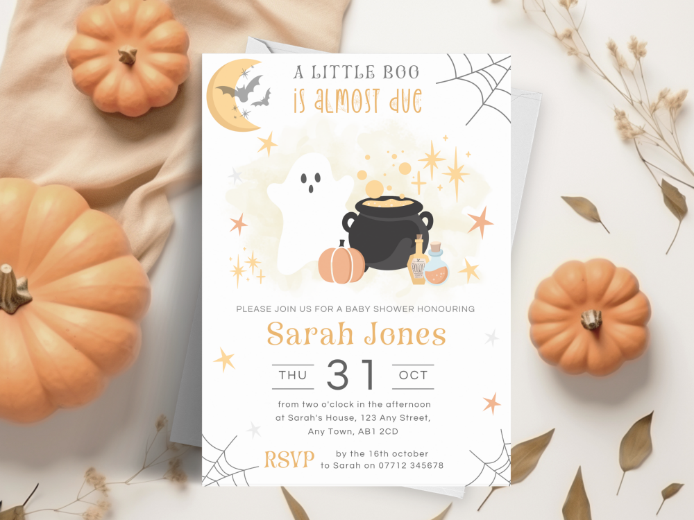 A Little Boo Is On The Way - Orange Baby Shower Personalised Invitations and Thank You Cards  from £4.45