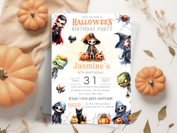 Halloween Birthday Party - Spooky Characters - Personalised Invitations from £4.45