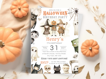 Halloween Birthday Party - Fun Characters - Personalised Invitations from £4.45