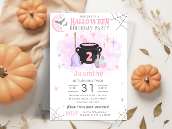 Halloween Birthday Party - Pink Witches Cauldron - Personalised Invitations from £4.45