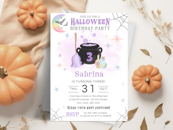 Halloween Birthday Party - Purple Witches Cauldron - Personalised Invitations from £4.45