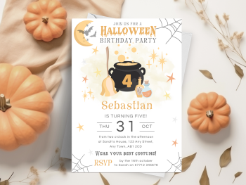 Halloween Birthday Party - Orange Witches Cauldron - Personalised Invitations from £4.45