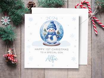 2024 Snowglobe Personalised 1st Christmas Card - BLUE