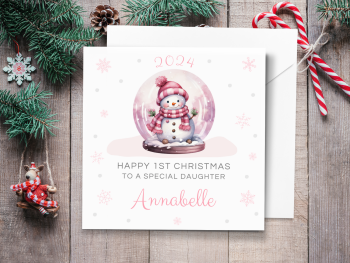 2024 Snowglobe Personalised 1st Christmas Card - PINK