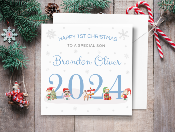 Baby's 1st Christmas 2024 Personalised Card with Santa's Elves - BLUE