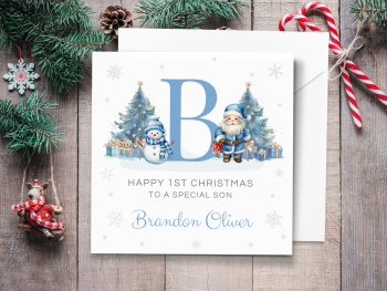 Personalised 1st Christmas Card 2024 with Santa & Initial - BLUE