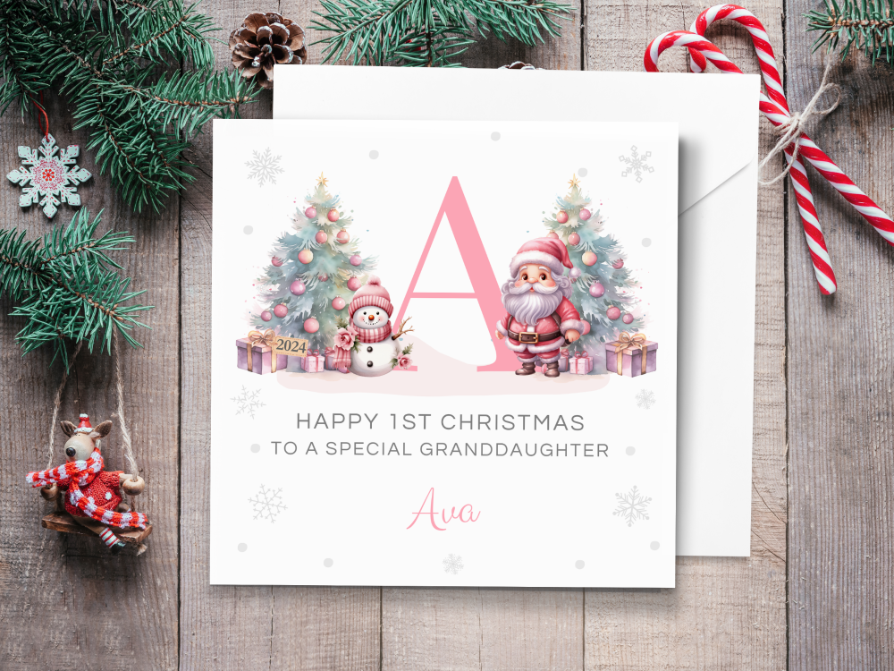 Personalised 1st Christmas Card 2024 with Santa & Initial - PINK