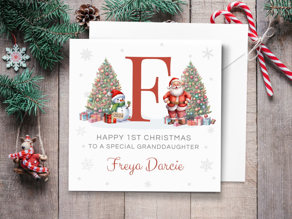 Personalised 1st Christmas Card 2024 with Santa & Initial - RED