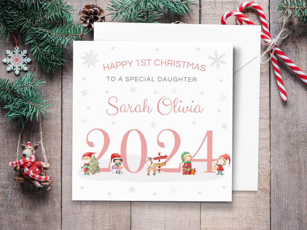 Baby's 1st Christmas 2024 Personalised Card with Santa's Elves - PINK