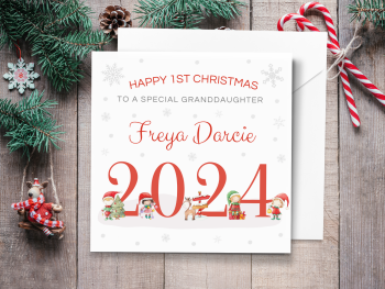 Baby's 1st Christmas 2024 Personalised Card with Santa's Elves - RED