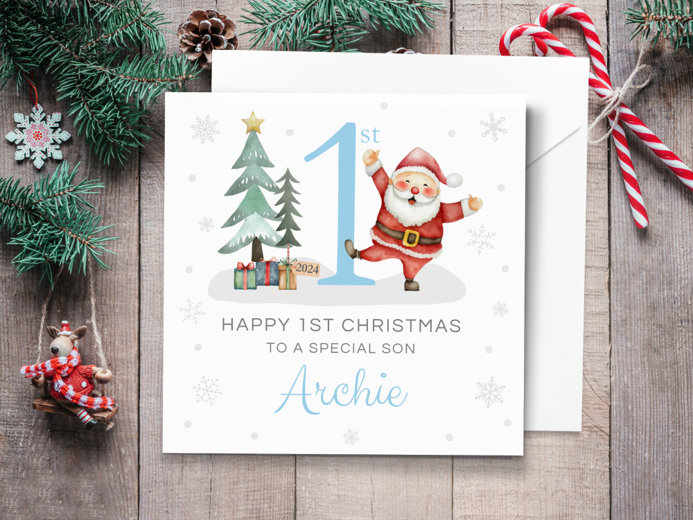 Baby's 1st Christmas 2024 Santa Personalised Card - BLUE