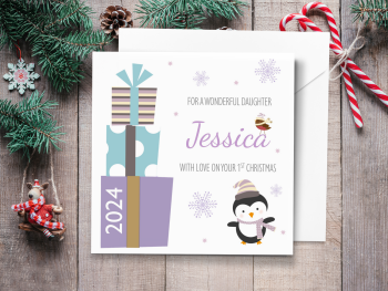 Girl's Lilac Penguin & Gifts 2024 Personalised 1st Christmas Card