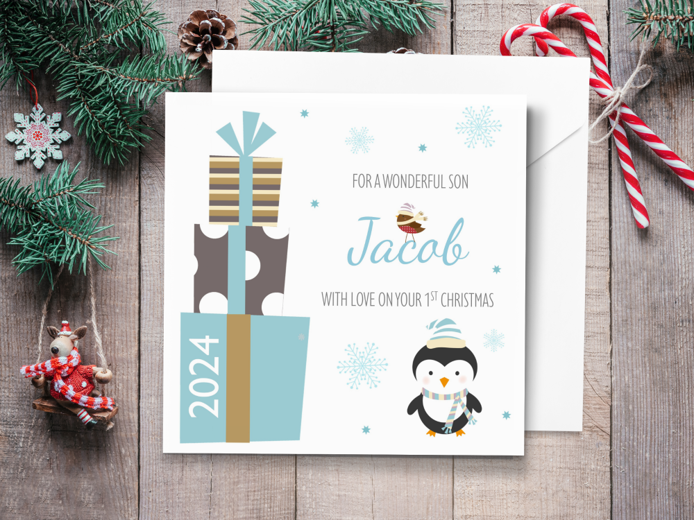 Boy's Blue Penguin & Gifts 2024 Personalised 1st Christmas Card