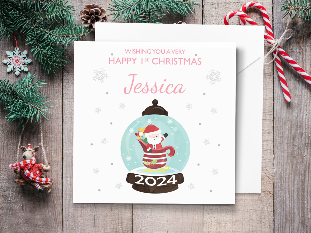 Santa Snowglobe - 2024 Girl's 1st Christmas Personalised Card - Pink