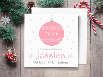 Pink Bauble 2024 Personalised Christmas Card