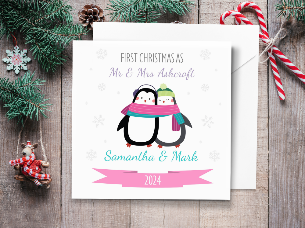 Cute Penguin First Christmas as Mr & Mrs 2024 Personalised Christmas Card (