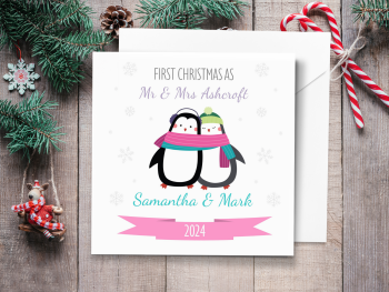 Cute Penguin First Christmas as Mr & Mrs 2024 Personalised Christmas Card (Mr & Mr or Mrs & Mrs)