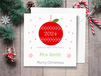 Teacher Red Bauble/Apple 2024 Personalised Christmas Card