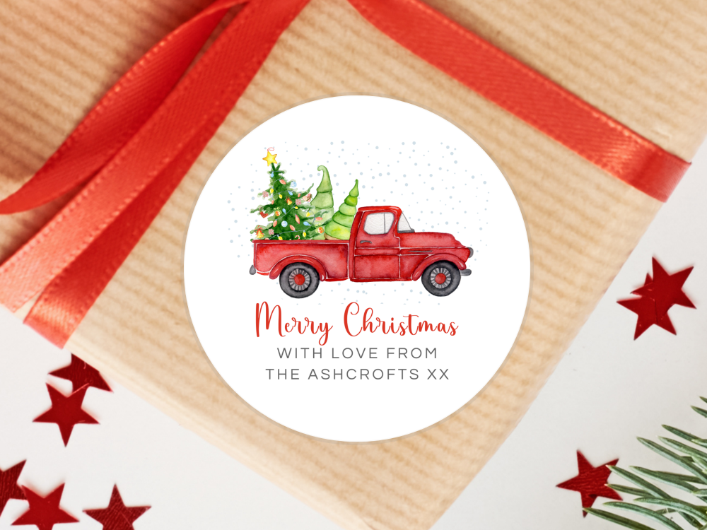 Red Pick Up Truck with Christmas Tree Personalised Stickers