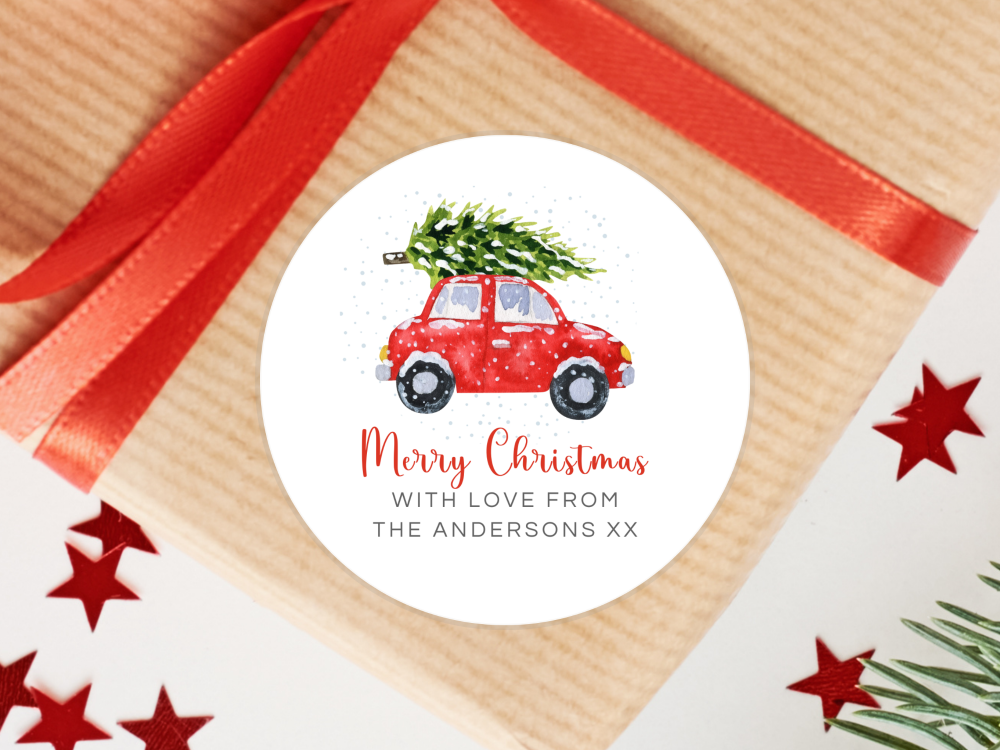 Red Car with Christmas Tree Personalised Stickers