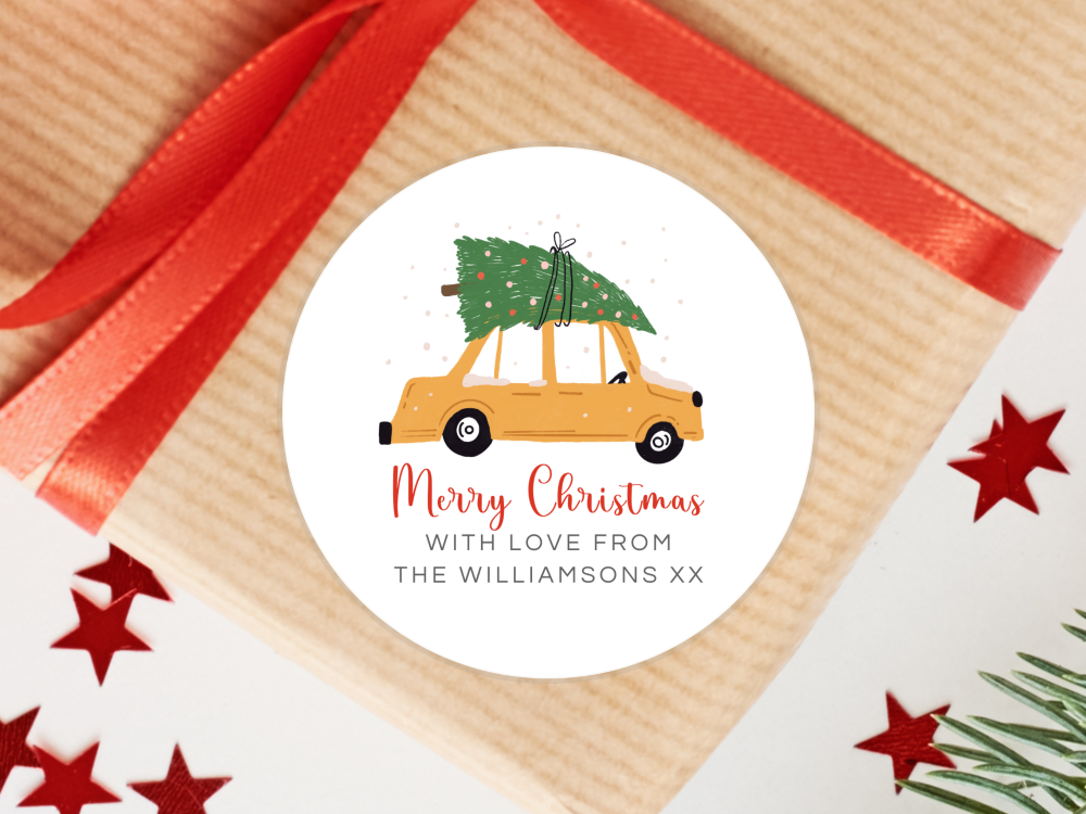 Yellow Car with Christmas Tree Personalised Stickers