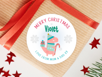 Pink T-Rex Dino Personalised Christmas Dinosaur Stickers