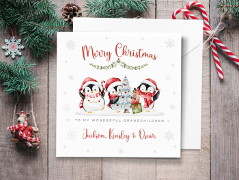 Cute Penguins with Tree Personalised Children's Christmas Card