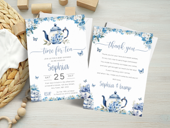 Time for Tea BLUE Floral Baby Shower Personalised Invitations and Thank You Cards  from £4.45