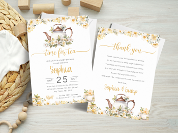 Time for Tea YELLOW Floral Baby Shower Personalised Invitations and Thank You Cards  from £4.45