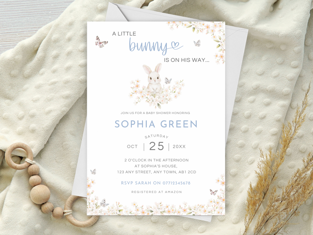 A Little Bunny Is On His Way BLUE Floral Baby Shower Personalised Invitations and Thank You Cards from £4.45