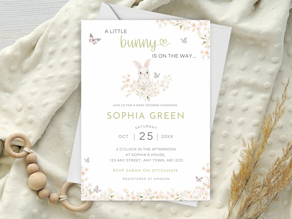 A Little Bunny Is On The Way GREEN Floral Baby Shower Personalised Invitations and Thank You Cards from £4.45