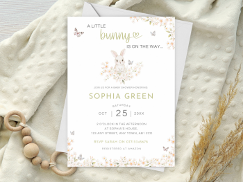 A Little Bunny Is On The Way GREEN Floral Baby Shower Personalised Invitations and Thank You Cards from £4.45