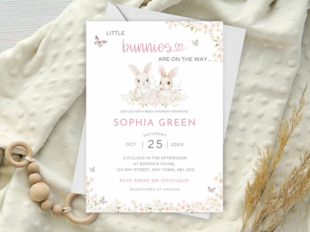 Little Bunnies Are On The Way PINK Twin Girls Baby Shower Personalised Invitations and Thank You Cards from £4.45