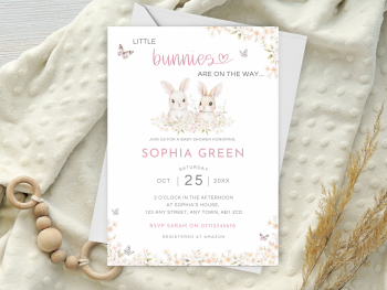 Little Bunnies Are On The Way PINK Twin Girls Baby Shower Personalised Invitations and Thank You Cards from £4.45