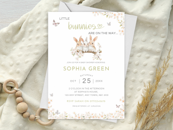 Little Bunnies Are On The Way GREEN Triplet Baby Shower Personalised Invitations and Thank You Cards from £4.45