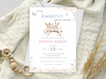 Little Bunnies Are On The Way PINK & BLUE Triplet Baby Boy and Girl Shower Personalised Invitations and Thank You Cards from £4.45