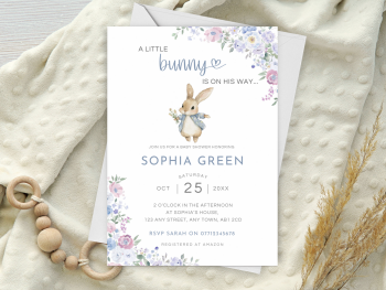 A Little Bunny Is On His Way BLUE Flower Baby Shower Personalised Invitations and Thank You Cards from £4.45