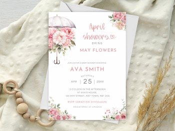 April Showers Bring May Flowers PINK Umbrella Baby Shower Personalised Invitations and Thank You Cards from £4.45