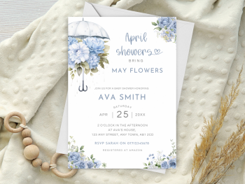 April Showers Bring May Flowers BLUE Umbrella Baby Shower Personalised Invitations and Thank You Cards from £4.45