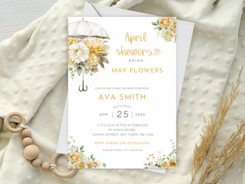 April Showers Bring May Flowers YELLOW Umbrella Baby Shower Personalised Invitations and Thank You Cards from £4.45