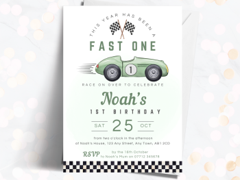 Fast One Racing Car GREEN 1st Birthday Party Invitations and Thank You Cards from £4.45