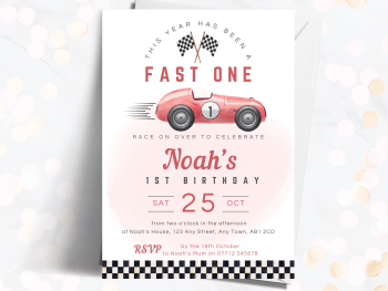 Fast One Racing Car RED 1st Birthday Party Invitations and Thank You Cards from £4.45