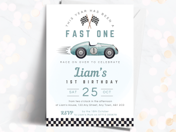 Fast One Racing Car BLUE 1st Birthday Party Invitations and Thank You Cards from £4.45