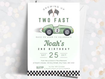 Two Fast Racing Car GREEN 2nd Birthday Party Invitations and Thank You Cards from £4.45