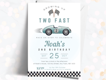 Two Fast Racing Car BLUE 2nd Birthday Party Invitations and Thank You Cards from £4.45