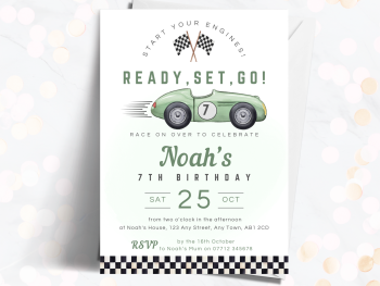 Vintage Racing Car GREEN Birthday Party Invitations and Thank You Cards from £4.45